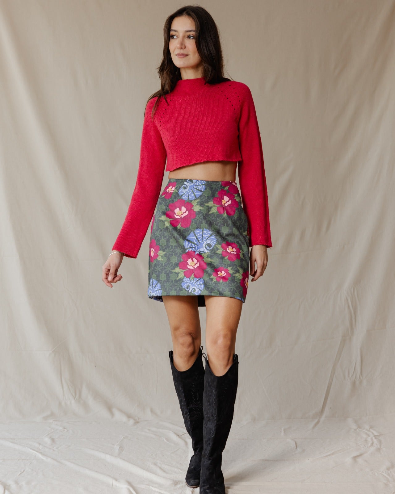 Floral Mosaic Suede Skirt