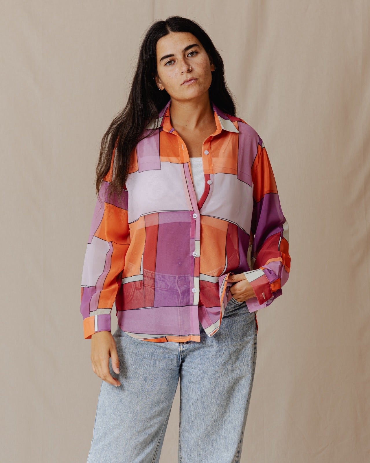 Patchwork Chiffon Shirt Orange X Purple