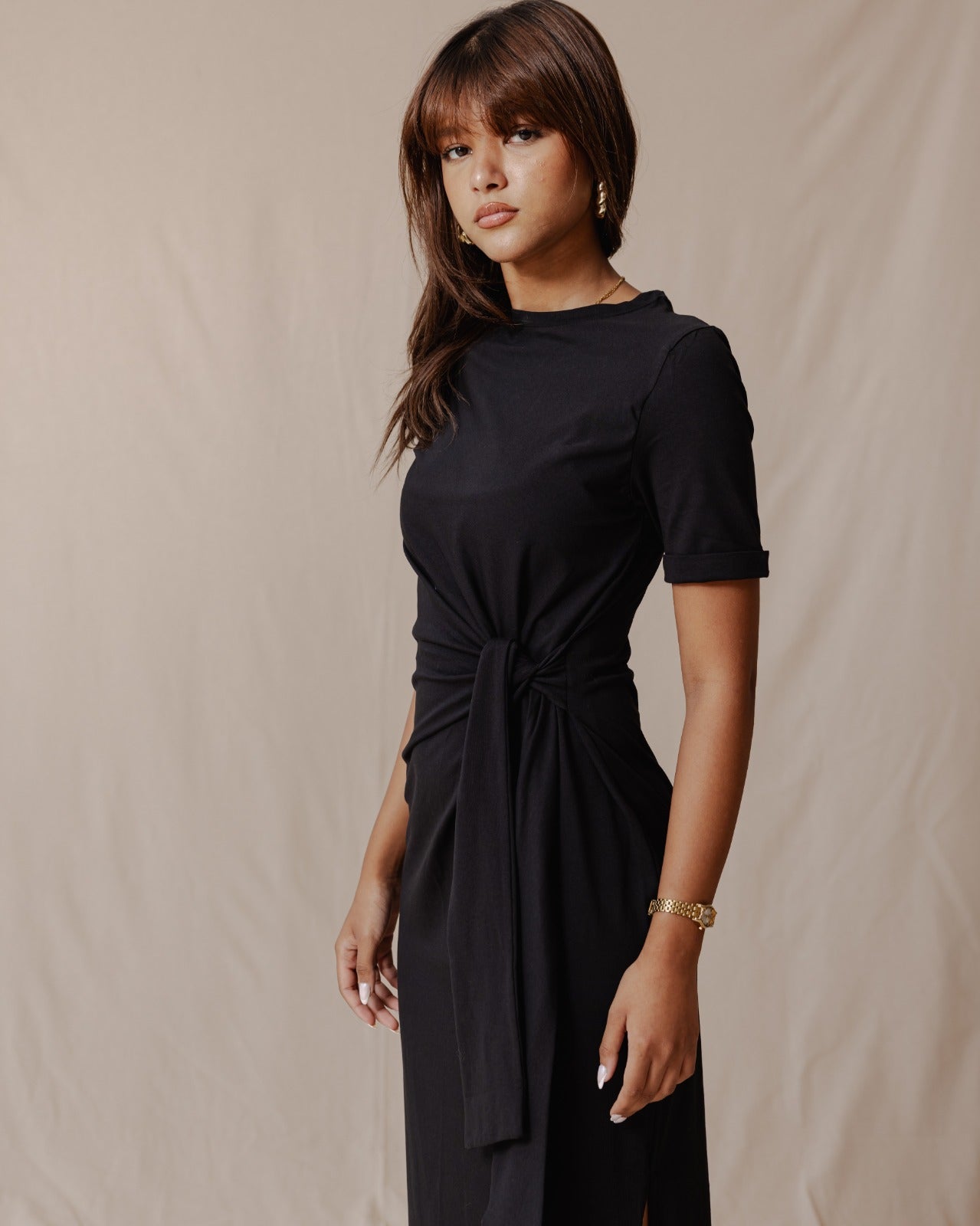 Side Tie Cotton Dress Black