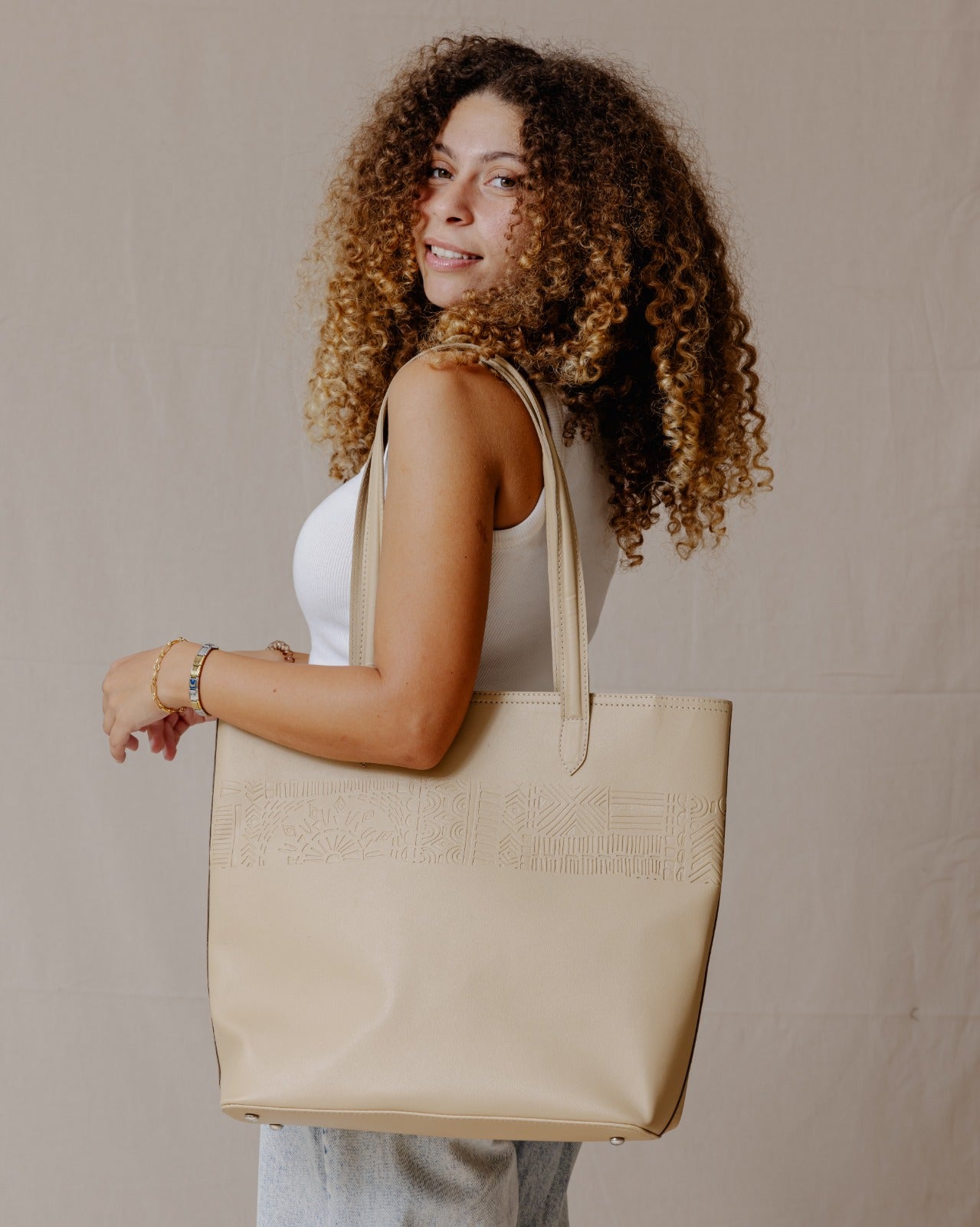 The Mayan Leather Tote Beige