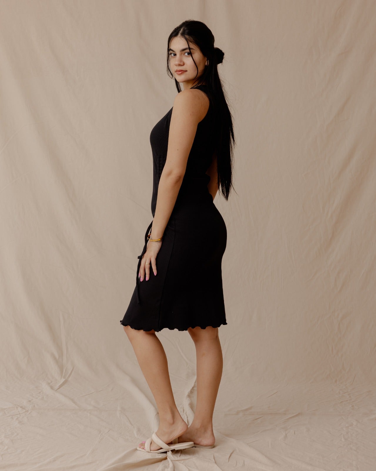 Drawstring Fitted Dress Black