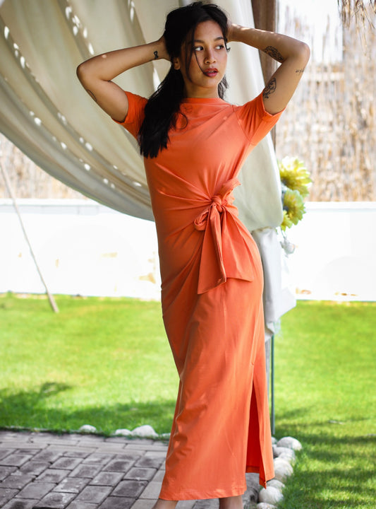 Side Tie Cotton Dress Orange