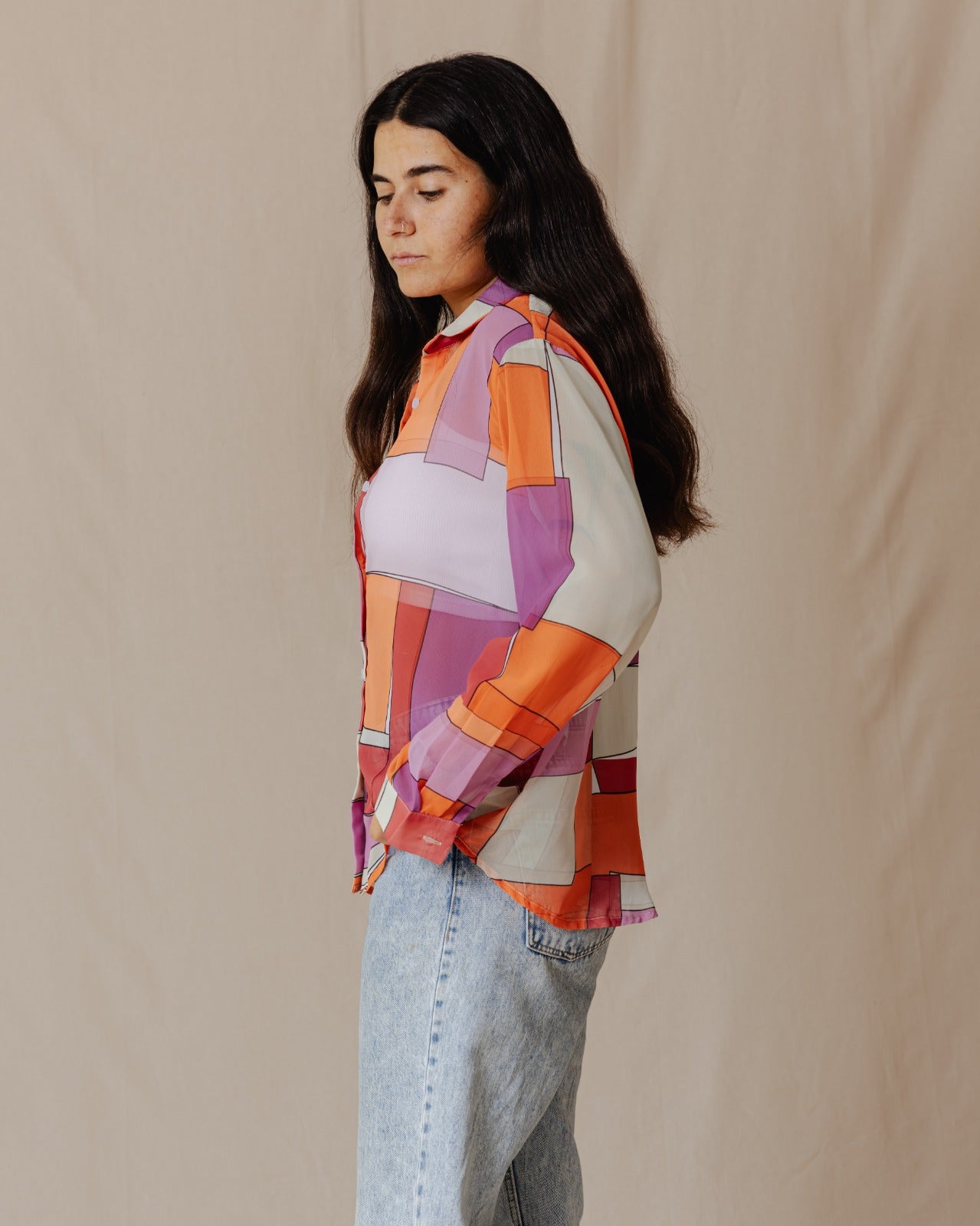 Patchwork Chiffon Shirt Orange X Purple