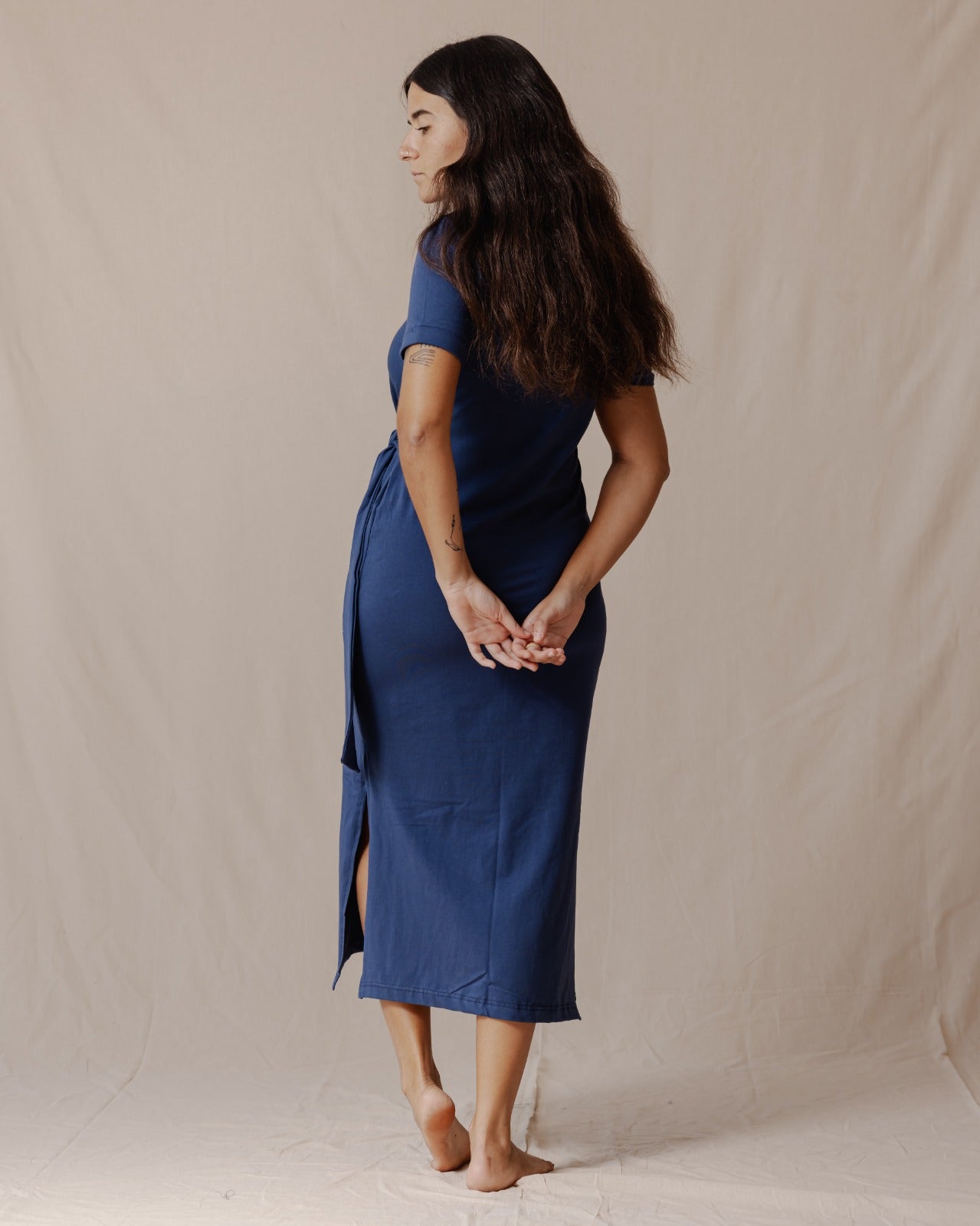 Side Tie Cotton Dress Blue