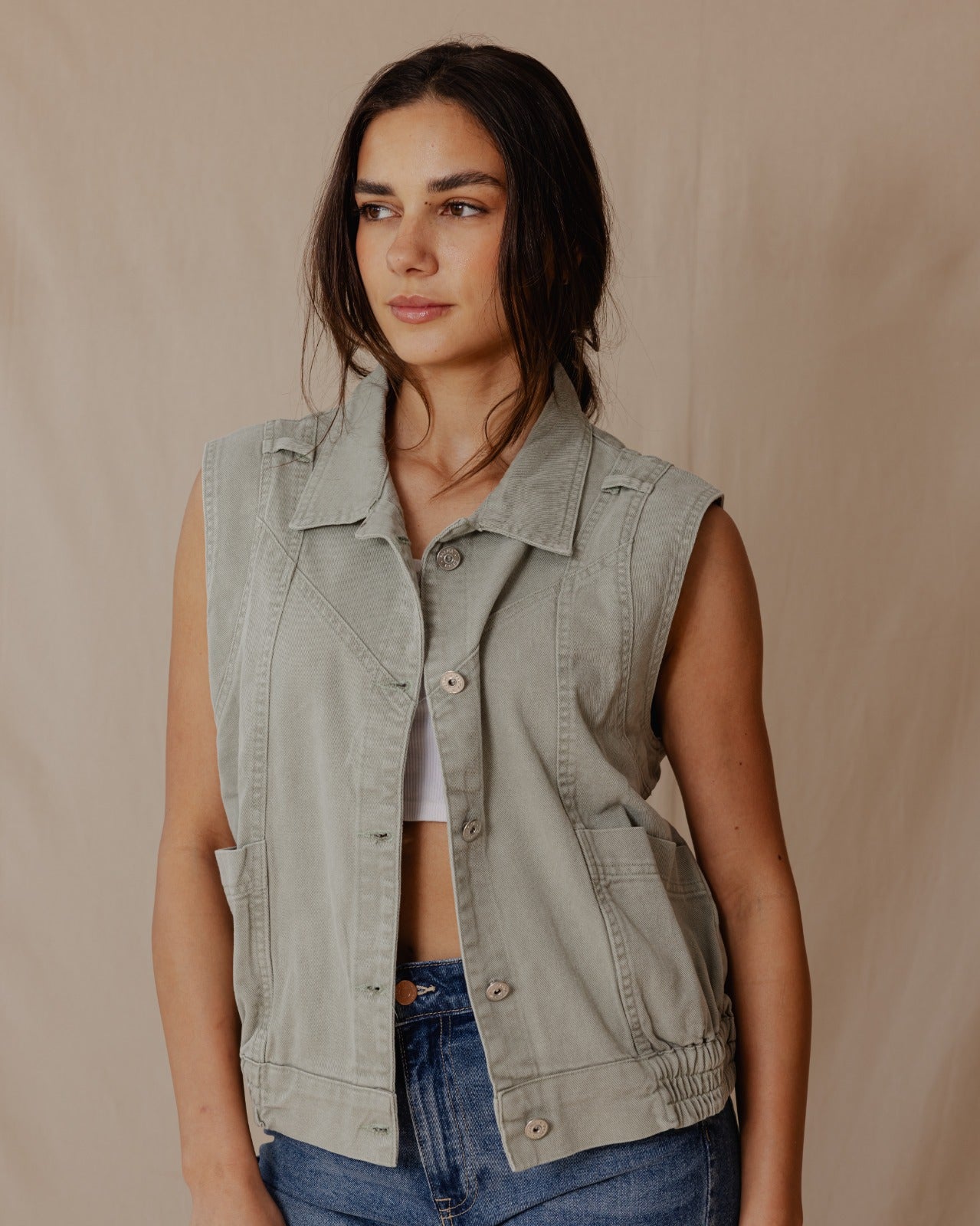 Washed Denim Vest Olive