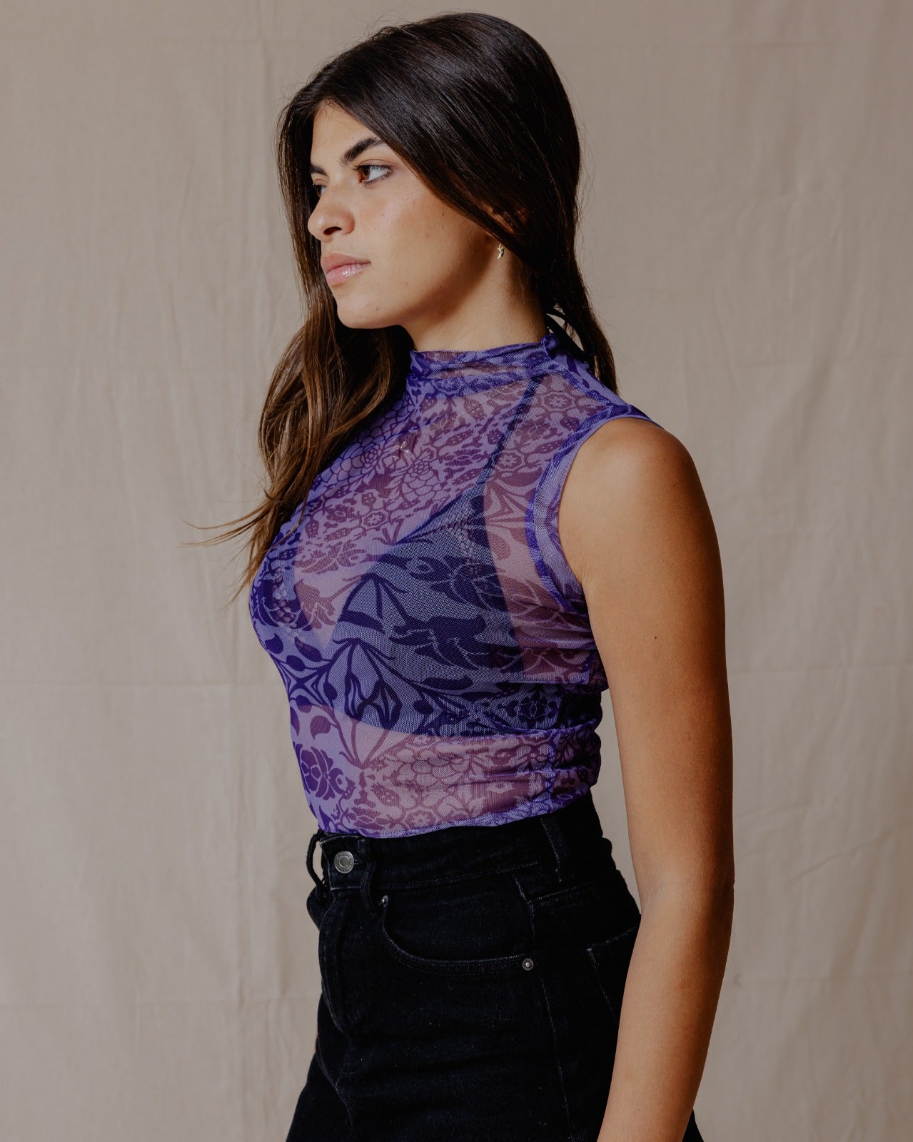 Floral Fusion Mesh Top Purple