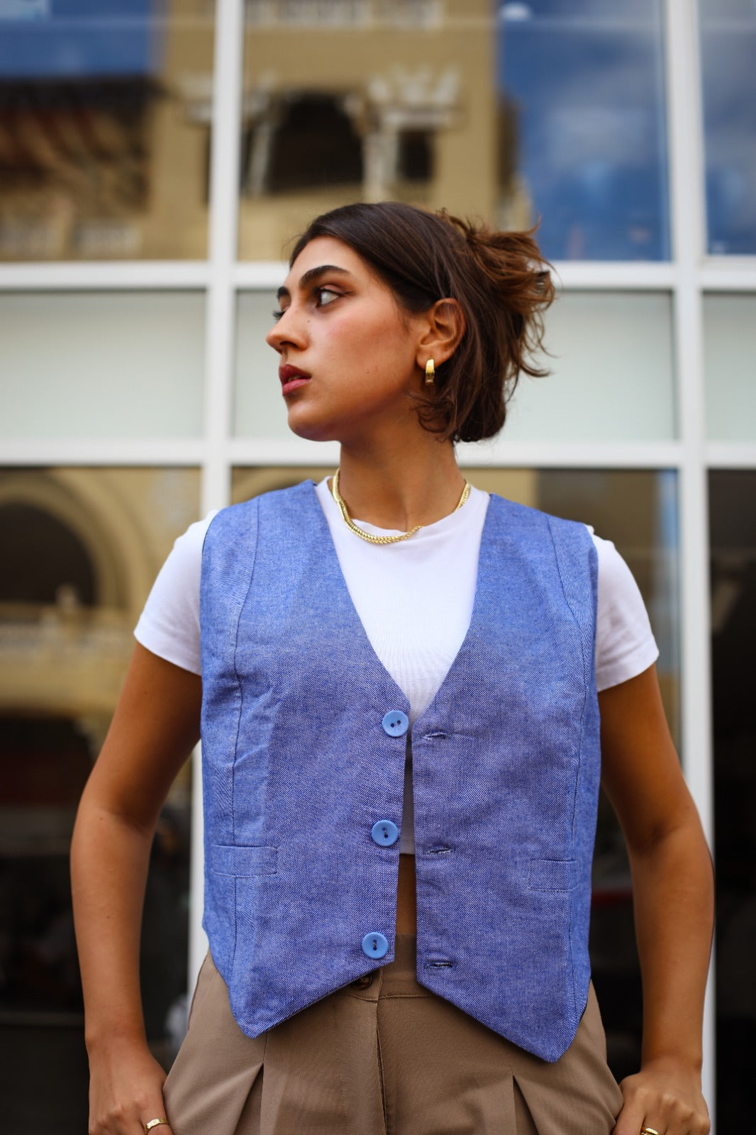 V-Neck Cotton Vest Blue