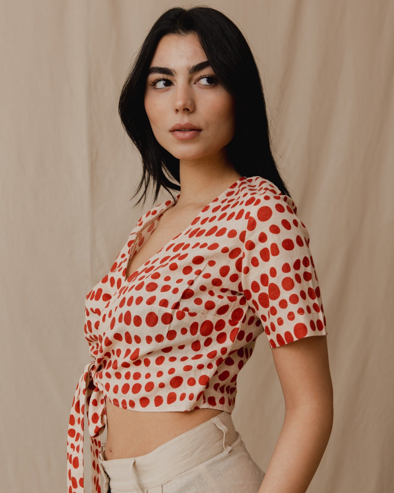 Cinnamon Polka Dot Linen Top