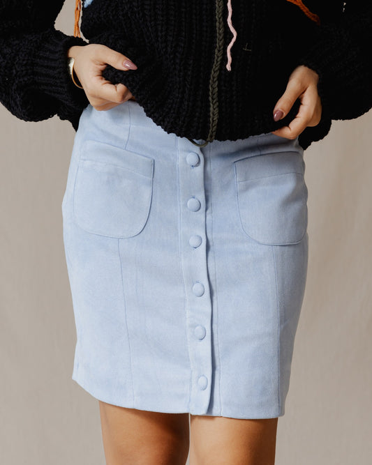 Suede Buttoned Mini Skirt Baby Blue