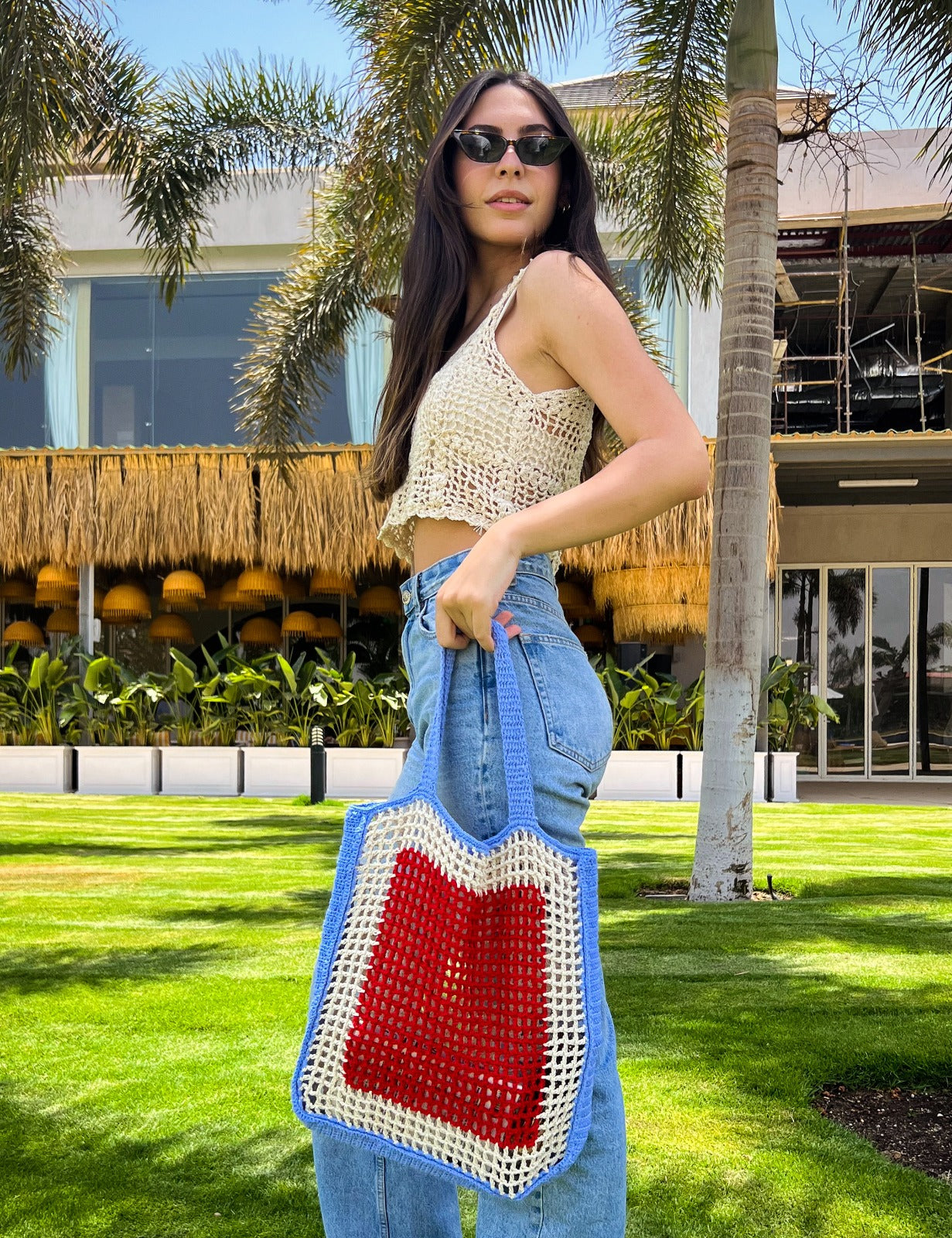 The Knit Tote In Red And Baby Blue