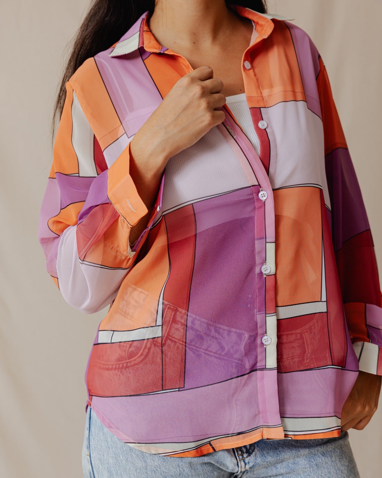 Patchwork Chiffon Shirt Orange X Purple