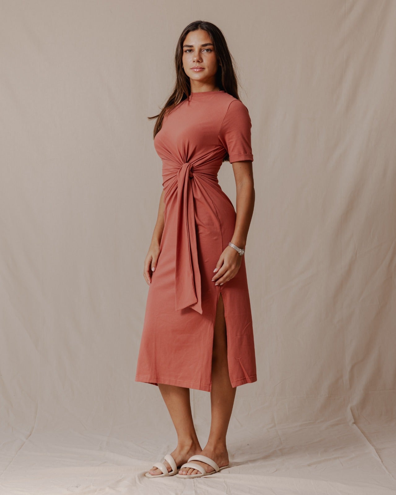 Side Tie Cotton Dress Brick