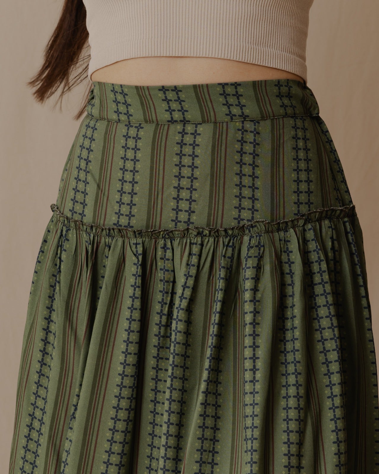 Geometric Lines Maxi Skirt Olive Green