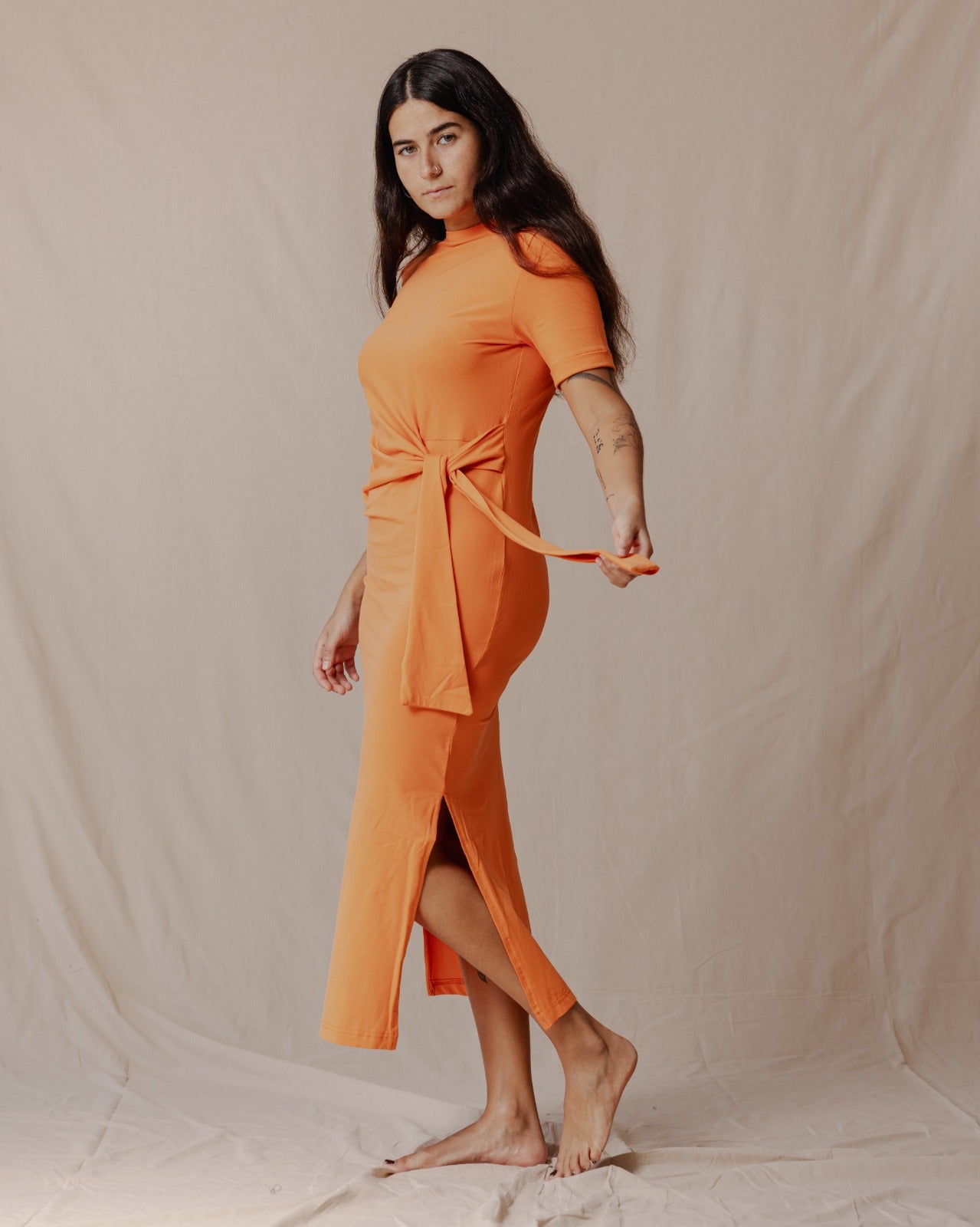 Side Tie Cotton Dress Orange