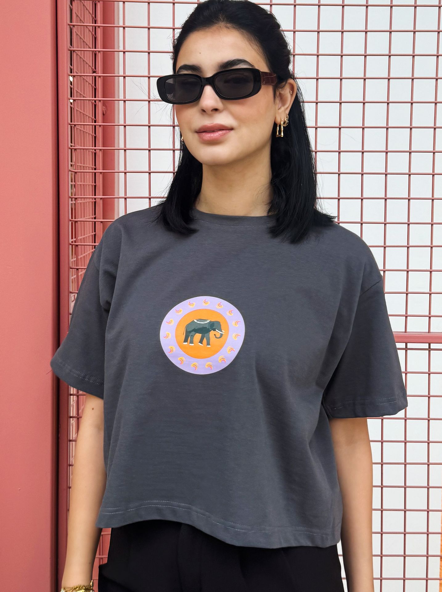 Indian Elephant Cropped Tee Charcoal Grey