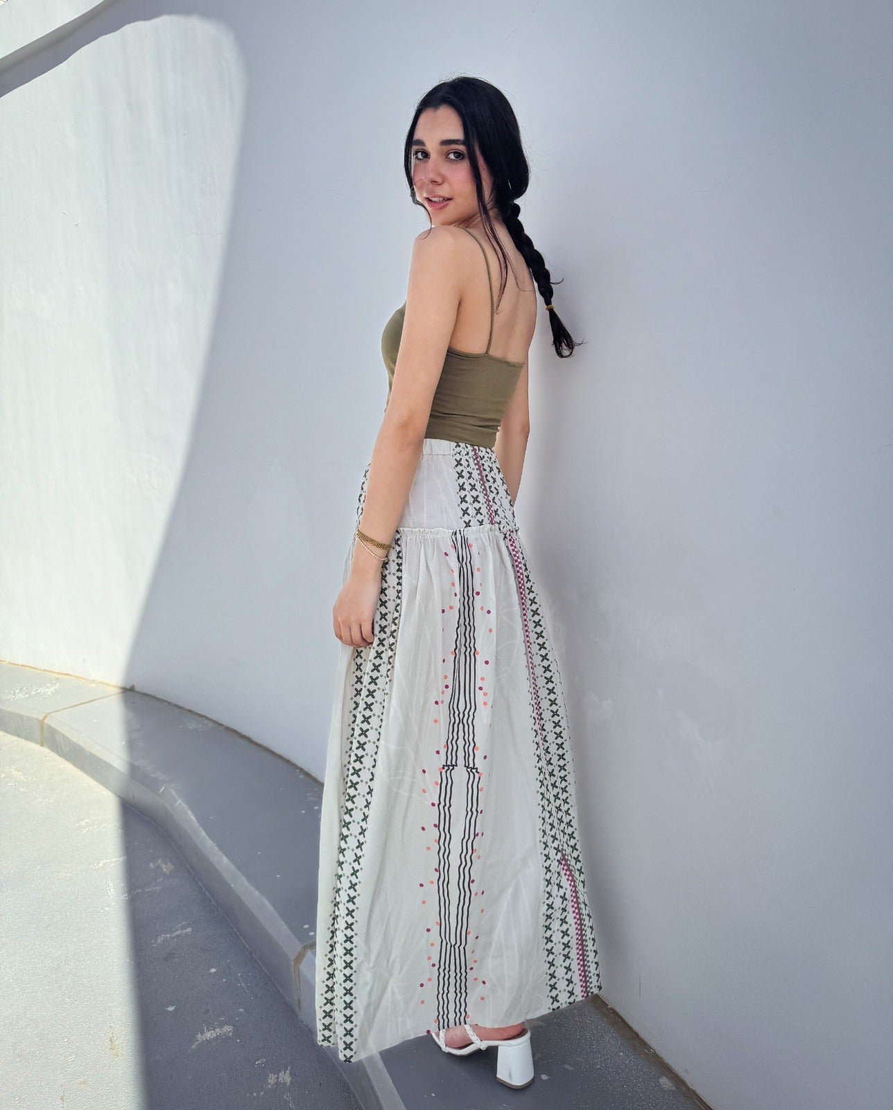 Geometric Lines Maxi Skirt Cream