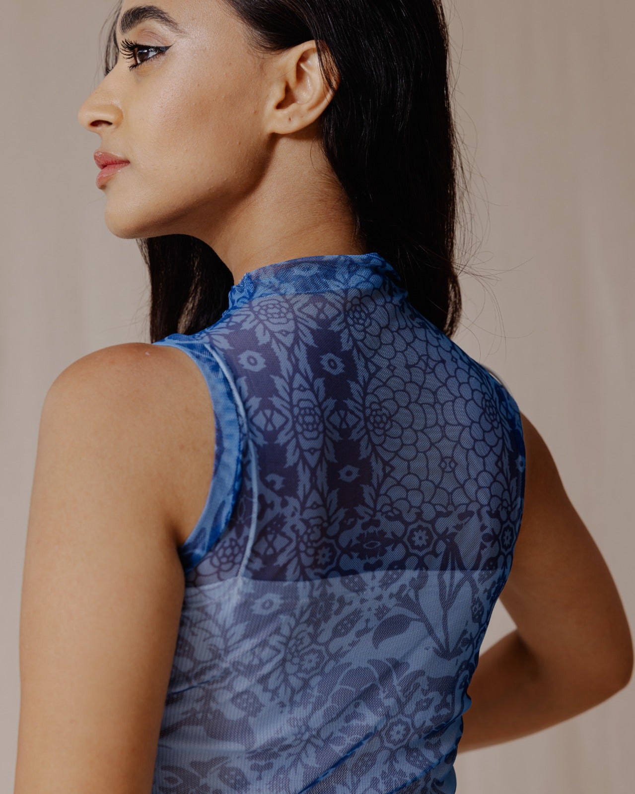 Floral Fusion Mesh Top Blue