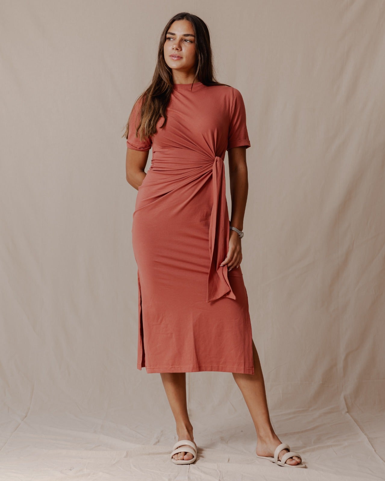 Side Tie Cotton Dress Brick