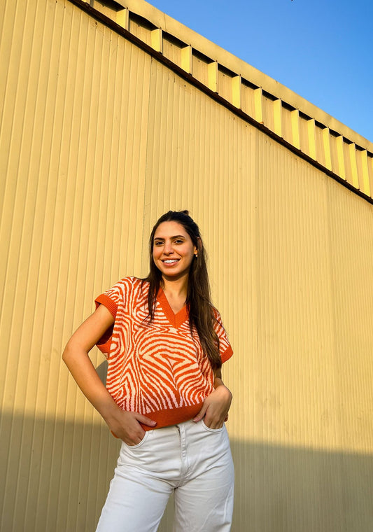 Zebra Illusion Knitted Vest Orange X Off-White