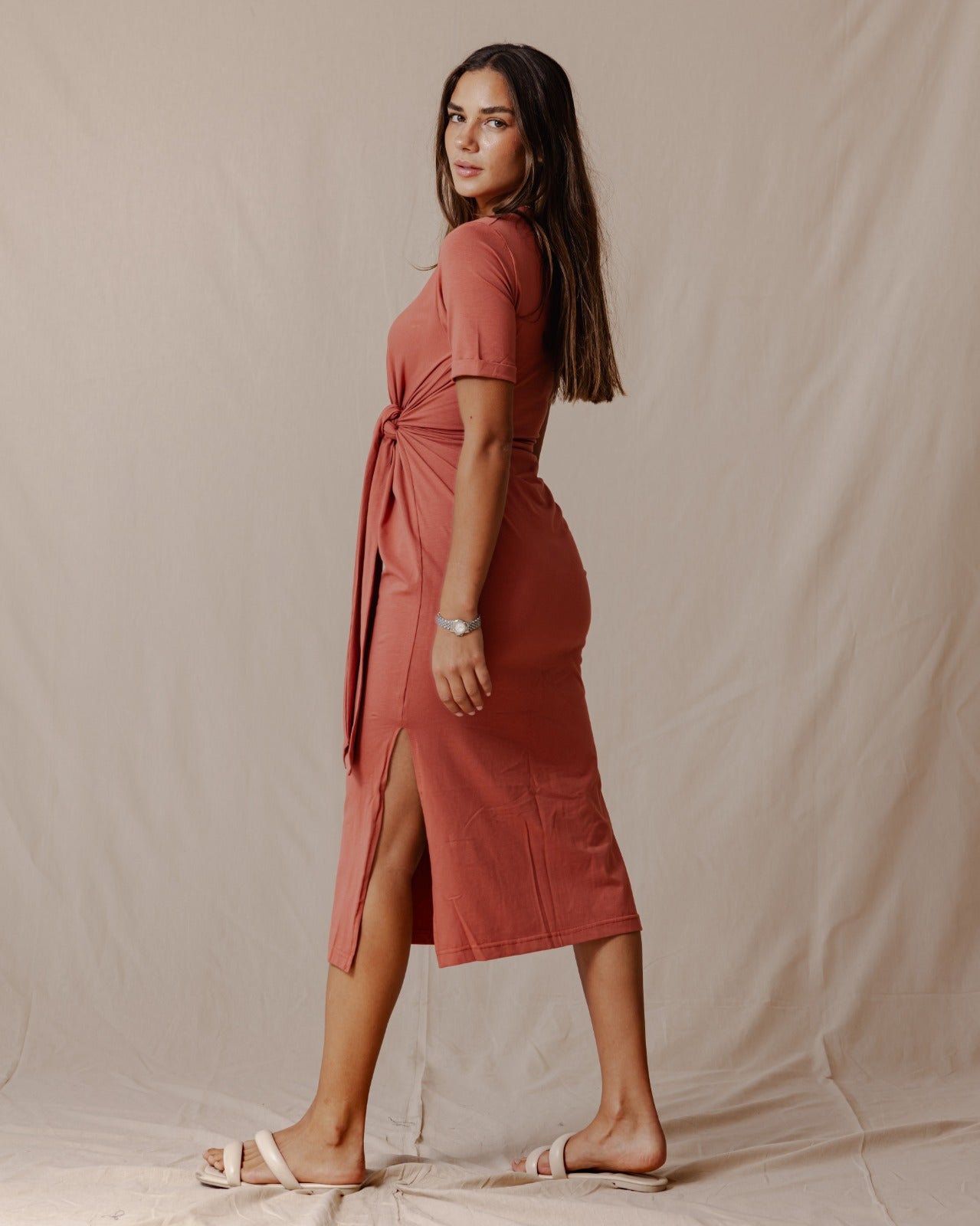 Side Tie Cotton Dress Brick