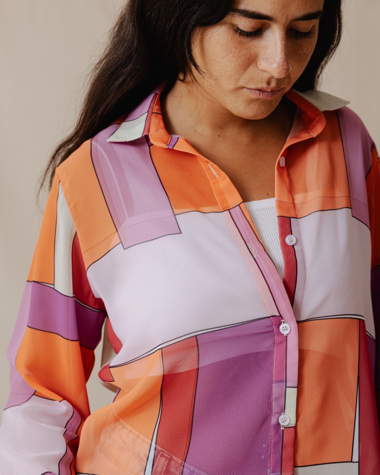 Patchwork Chiffon Shirt Orange X Purple