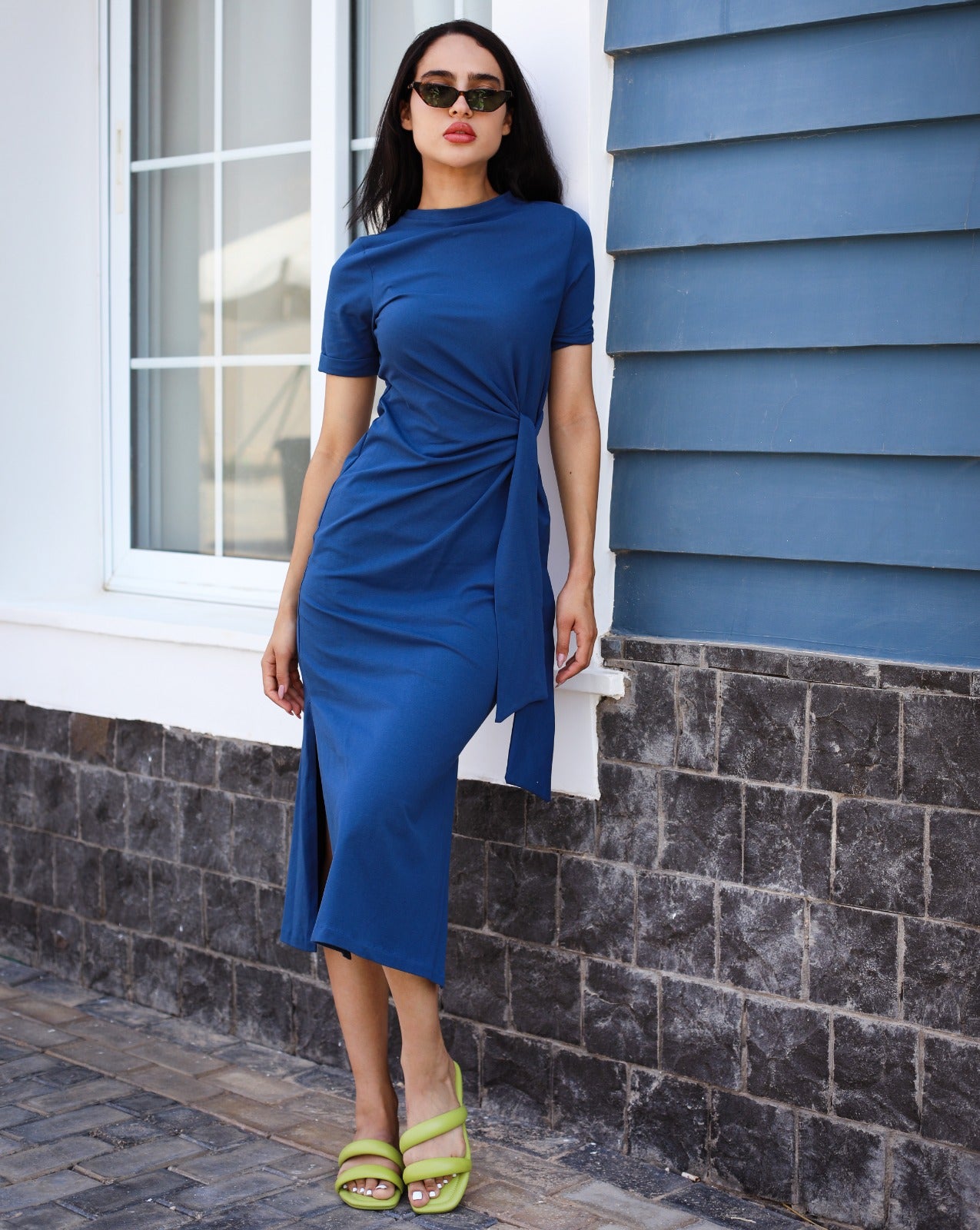 Side Tie Cotton Dress Blue