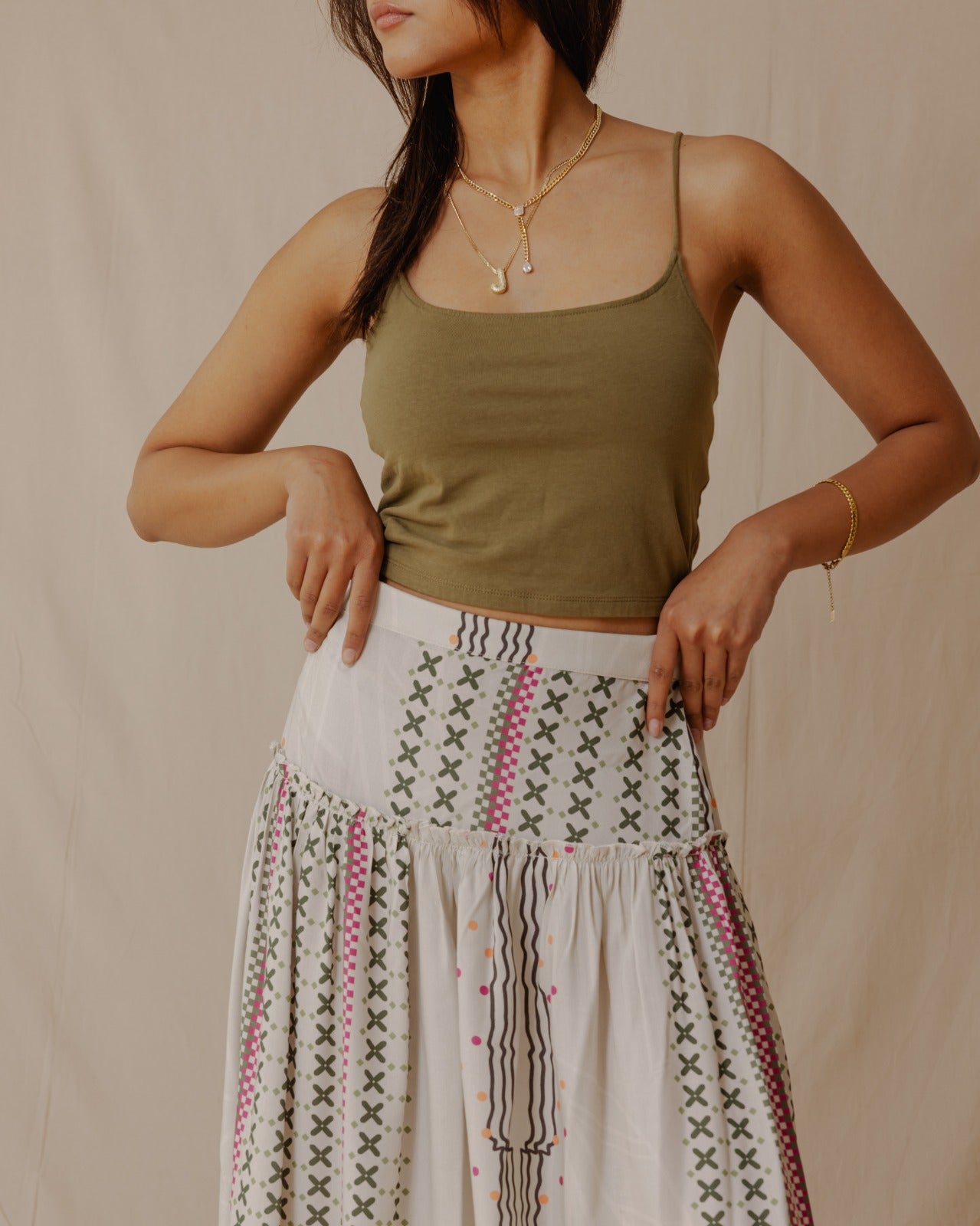 Geometric Lines Maxi Skirt Cream