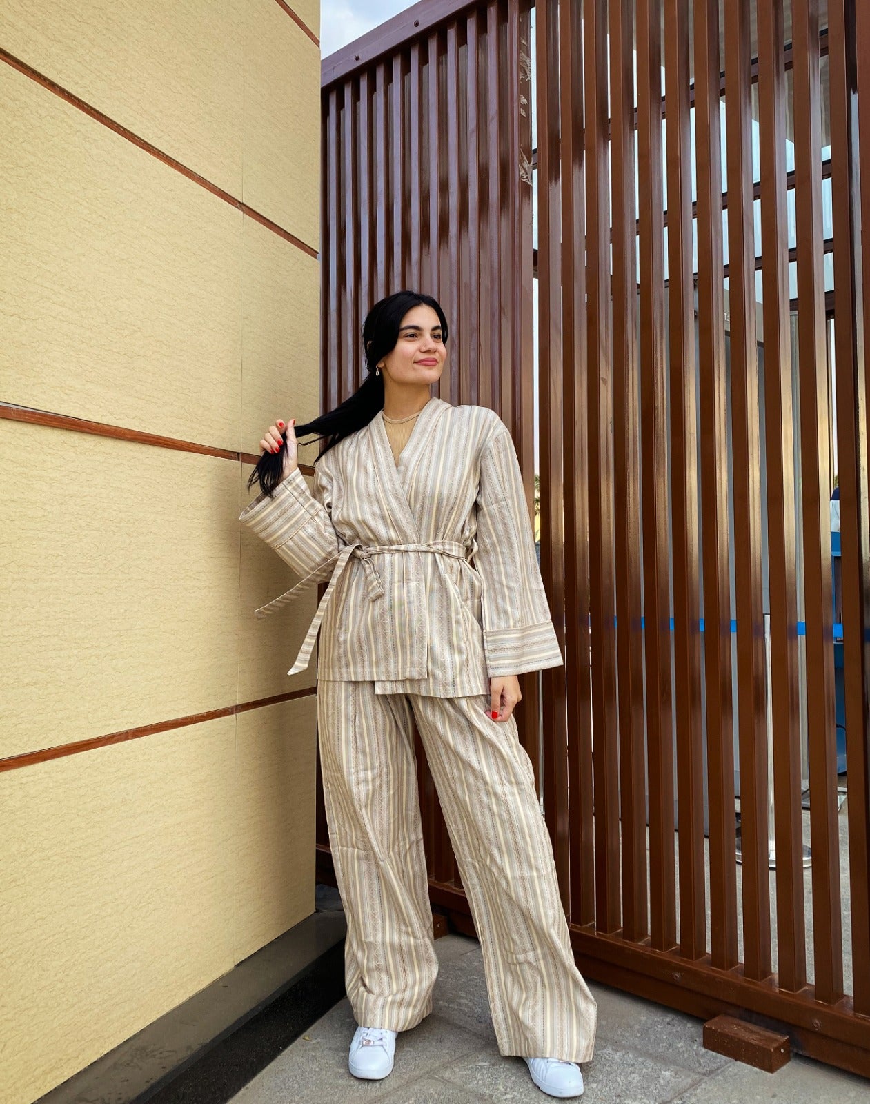 Striped Kimono Monochrome Beige