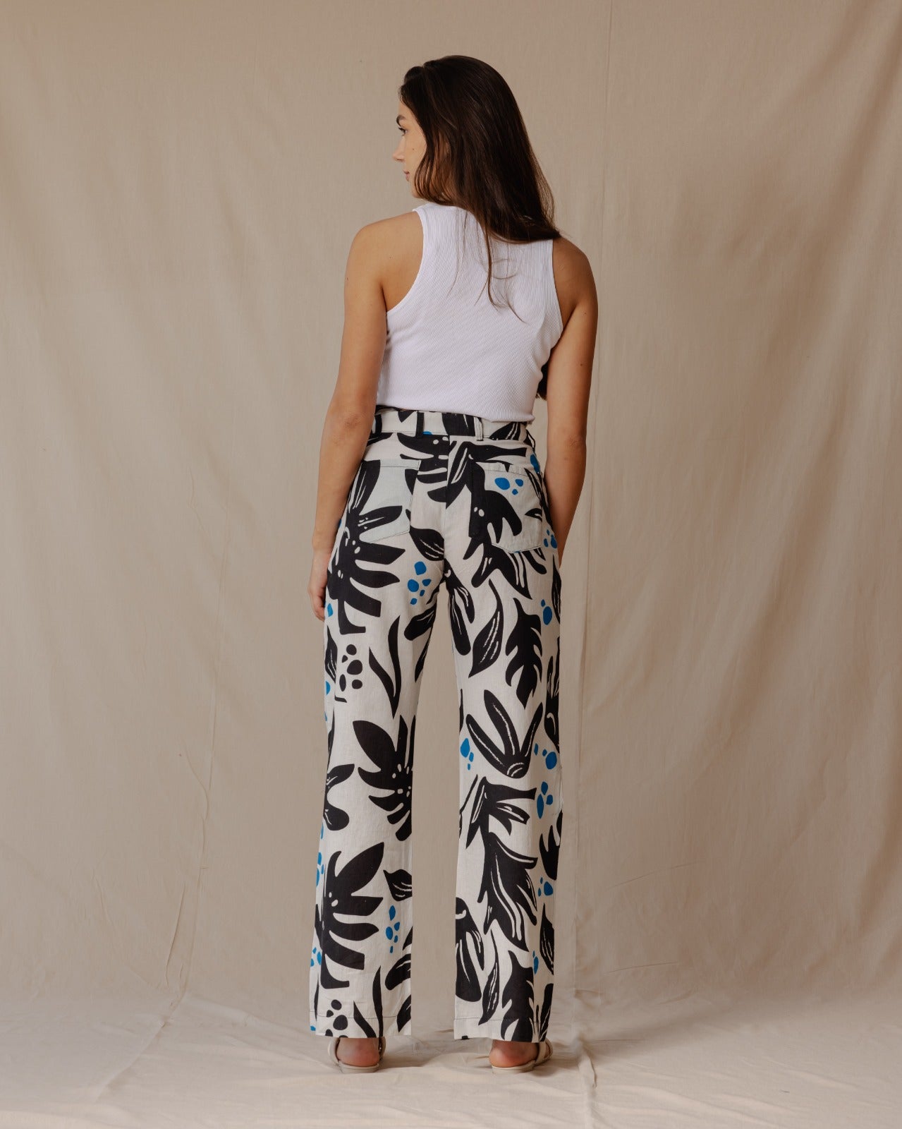 Black And White Leaves Linen Pants
