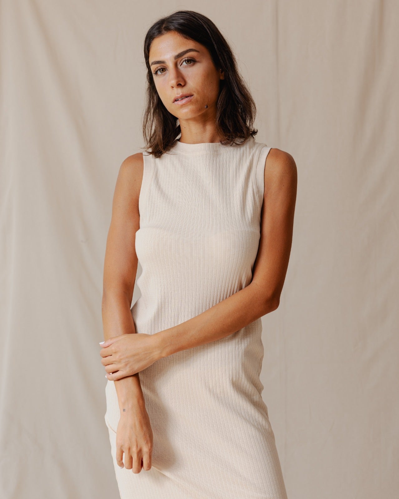 Amelia Ribbed Dress Beige