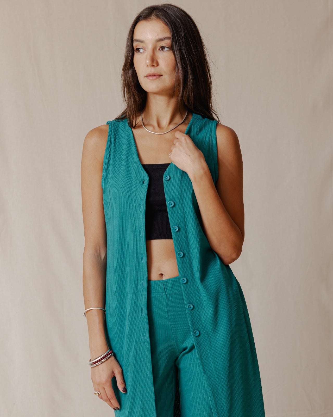 Buttoned Sleeveless Set Teal