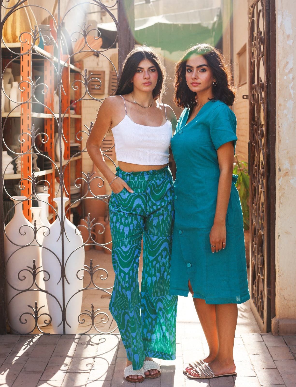 Ikat Linen Pants In Green X Blue