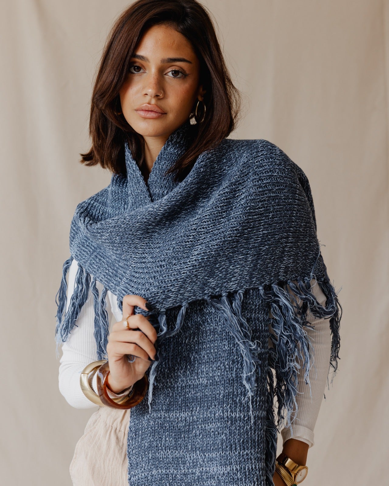 Handmade Allover Fringe Scarf Navy