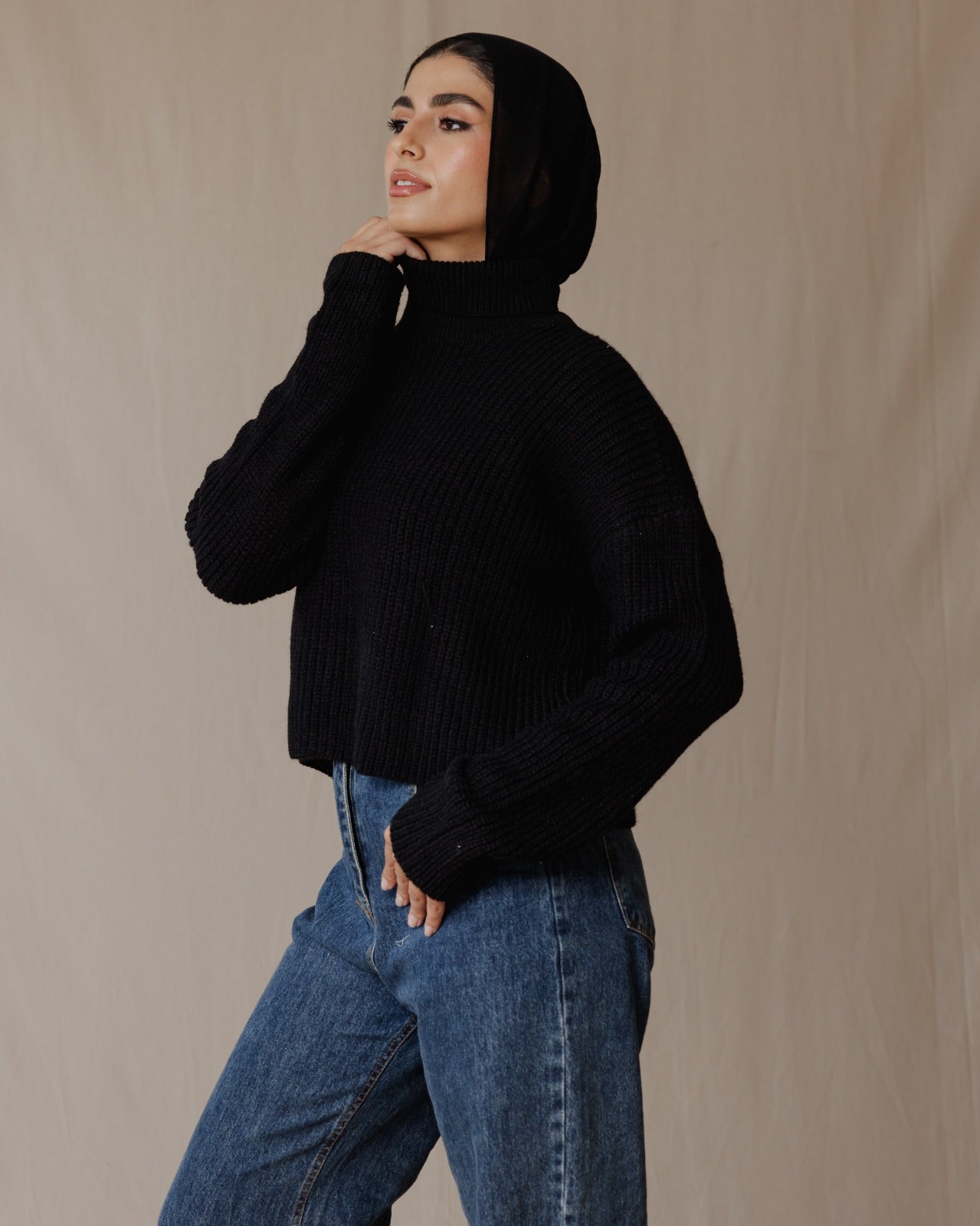 High Neck Cropped Pullover Black