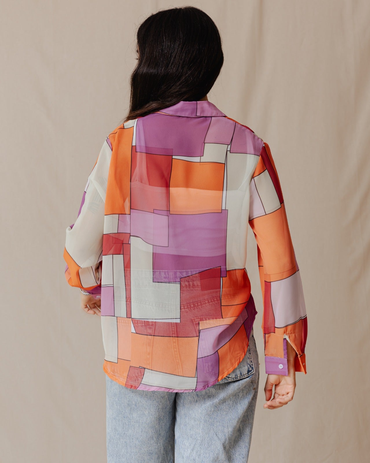 Patchwork Chiffon Shirt Orange X Purple