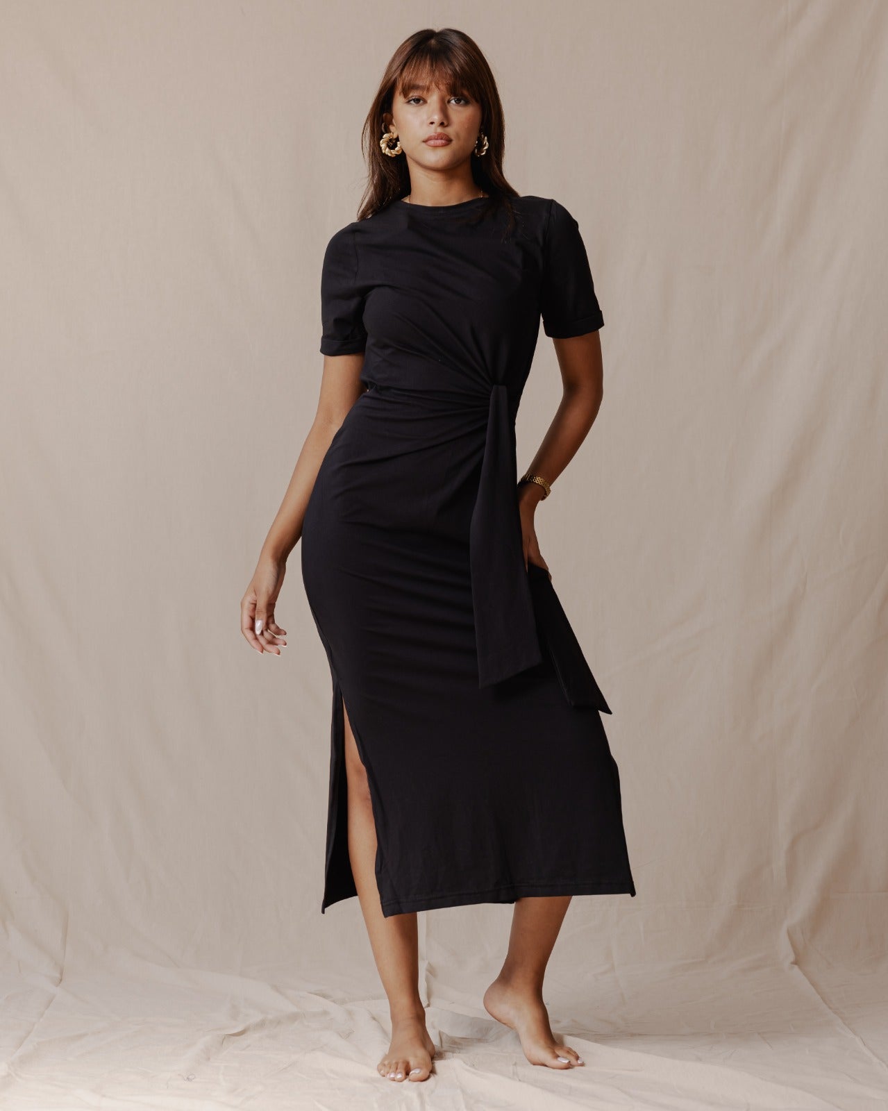 Side Tie Cotton Dress Black