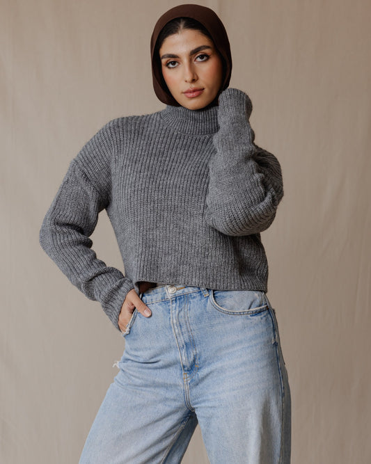 High Neck Cropped Pullover Grey