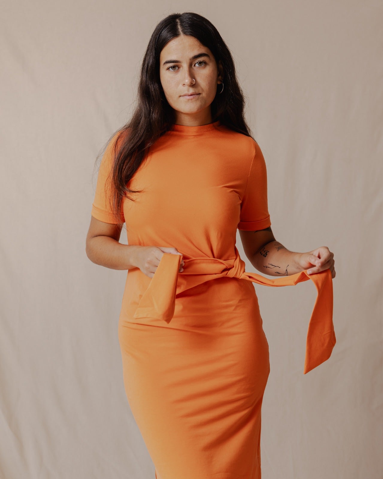 Side Tie Cotton Dress Orange