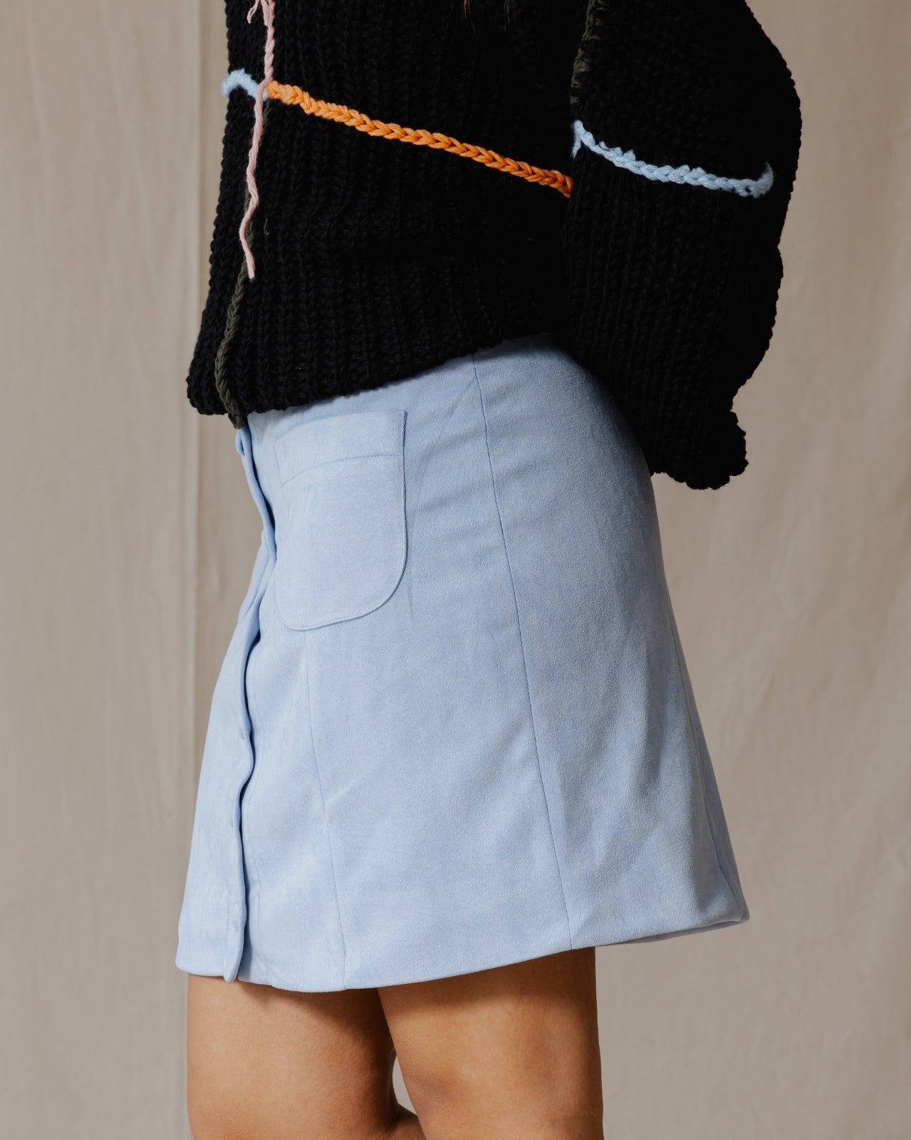 Suede Buttoned Mini Skirt Baby Blue