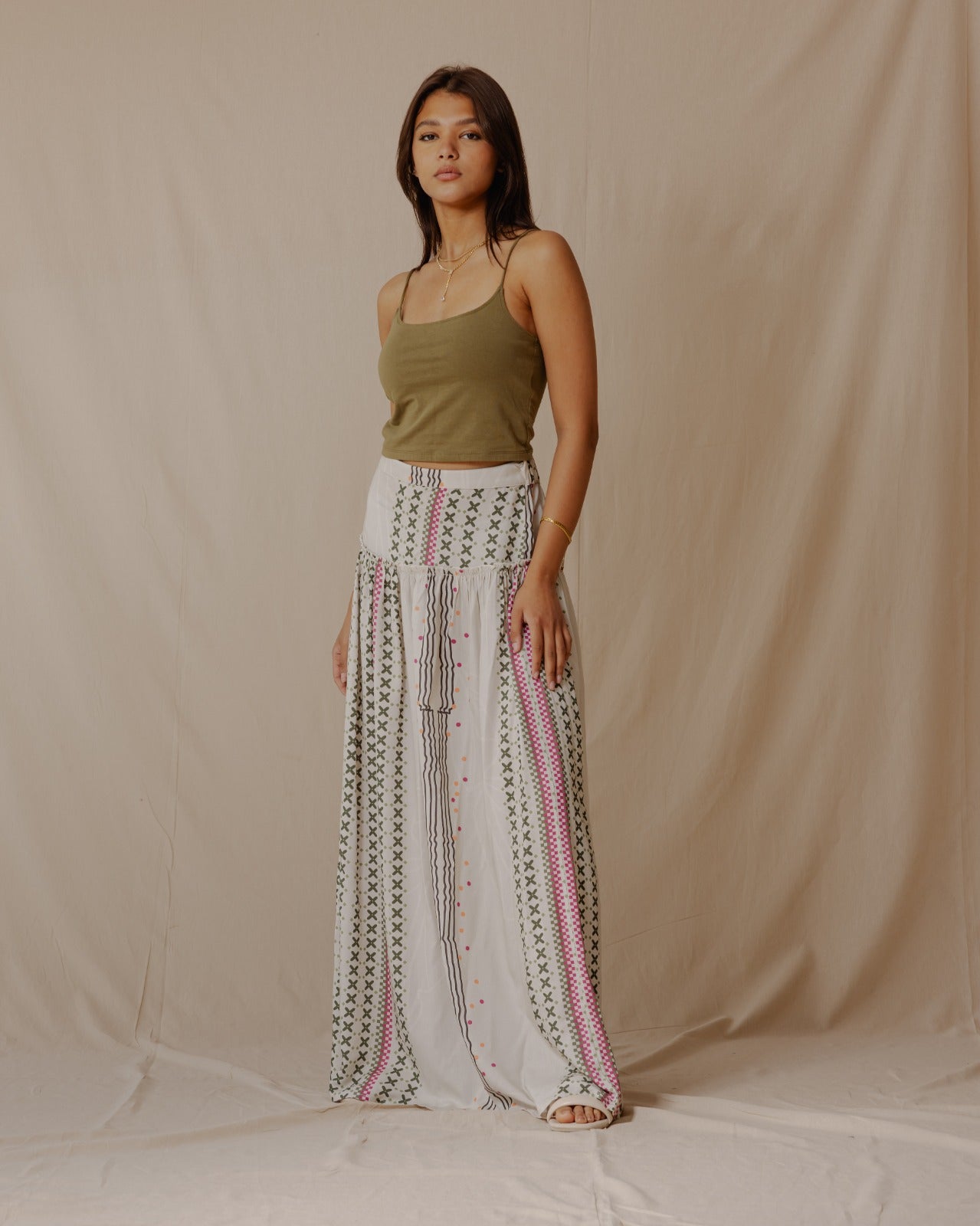 Geometric Lines Maxi Skirt Cream