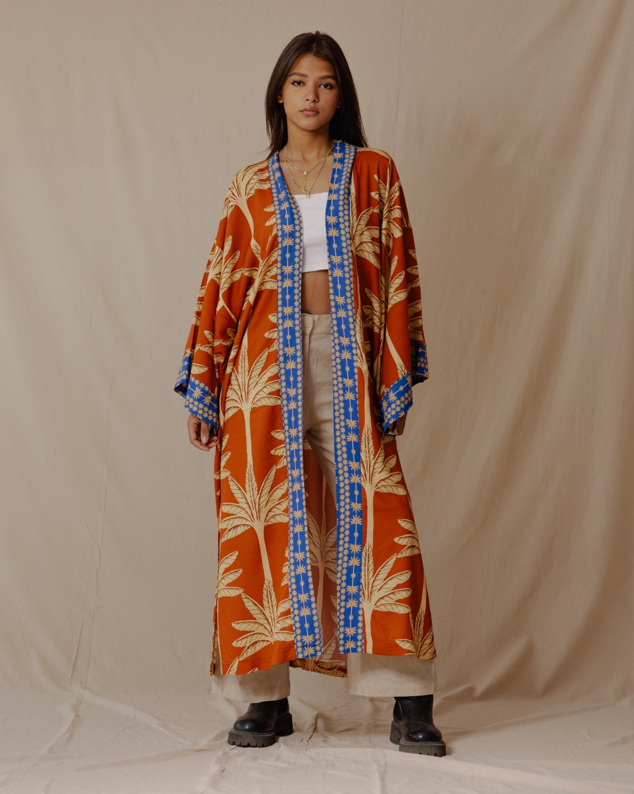 Palms Cotton Kimono Orange X Blue