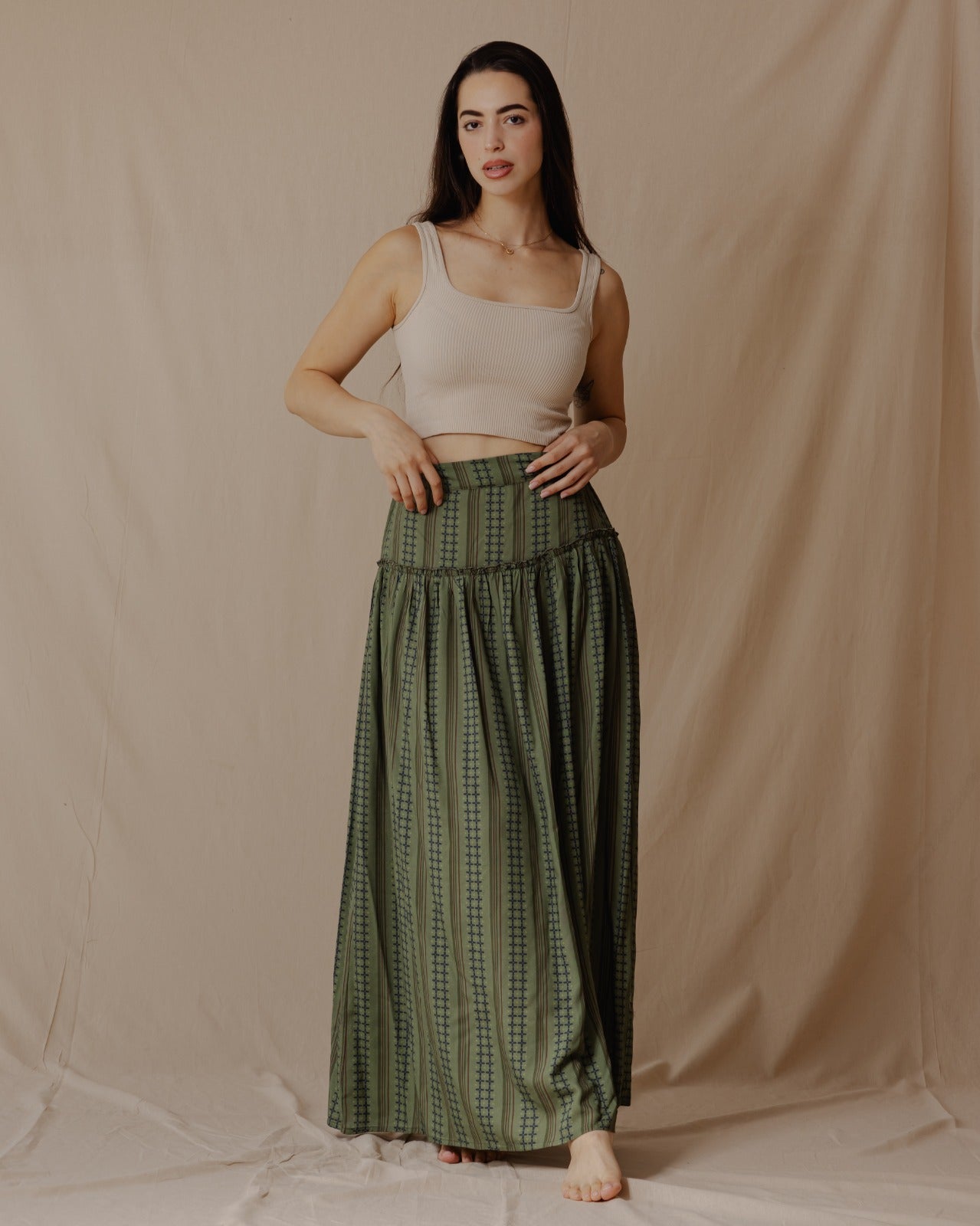 Geometric Lines Maxi Skirt Olive Green