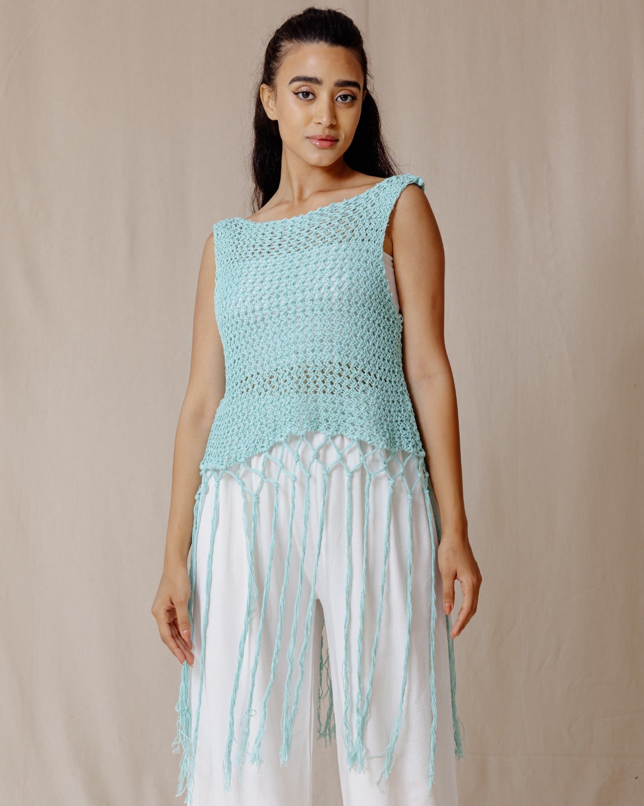 Handmade Trico Fringes Top Mint