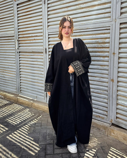 Embroidery Linen Kaftan In Black