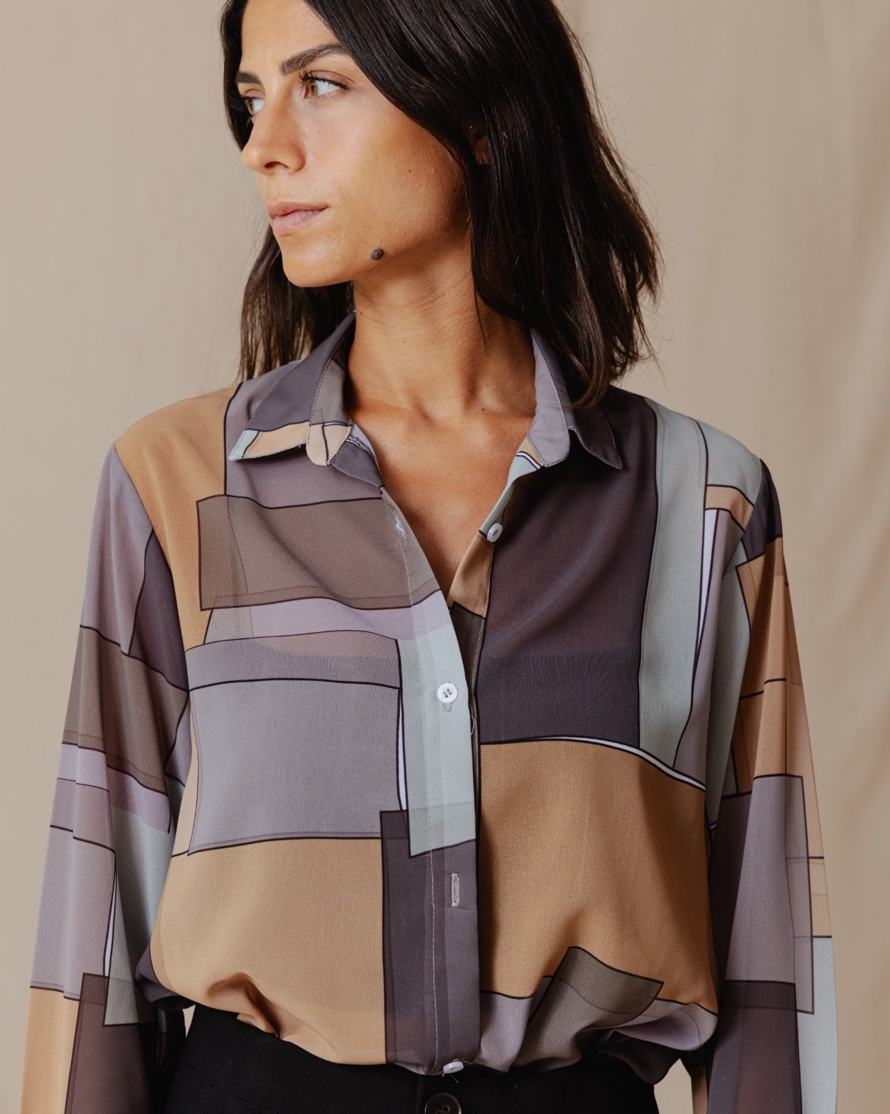 Patchwork Chiffon Shirt In Brown Shades