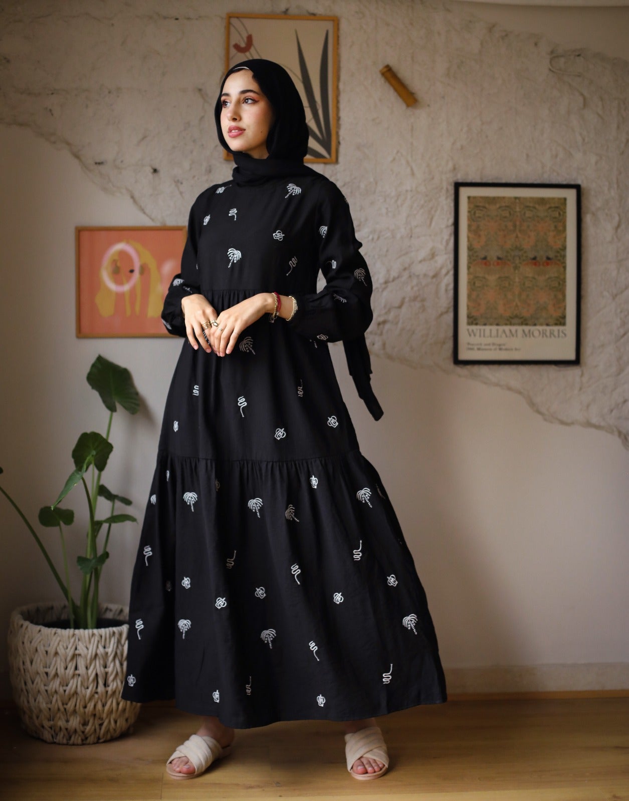 Starry Palm Tree Embroidered Dress Black