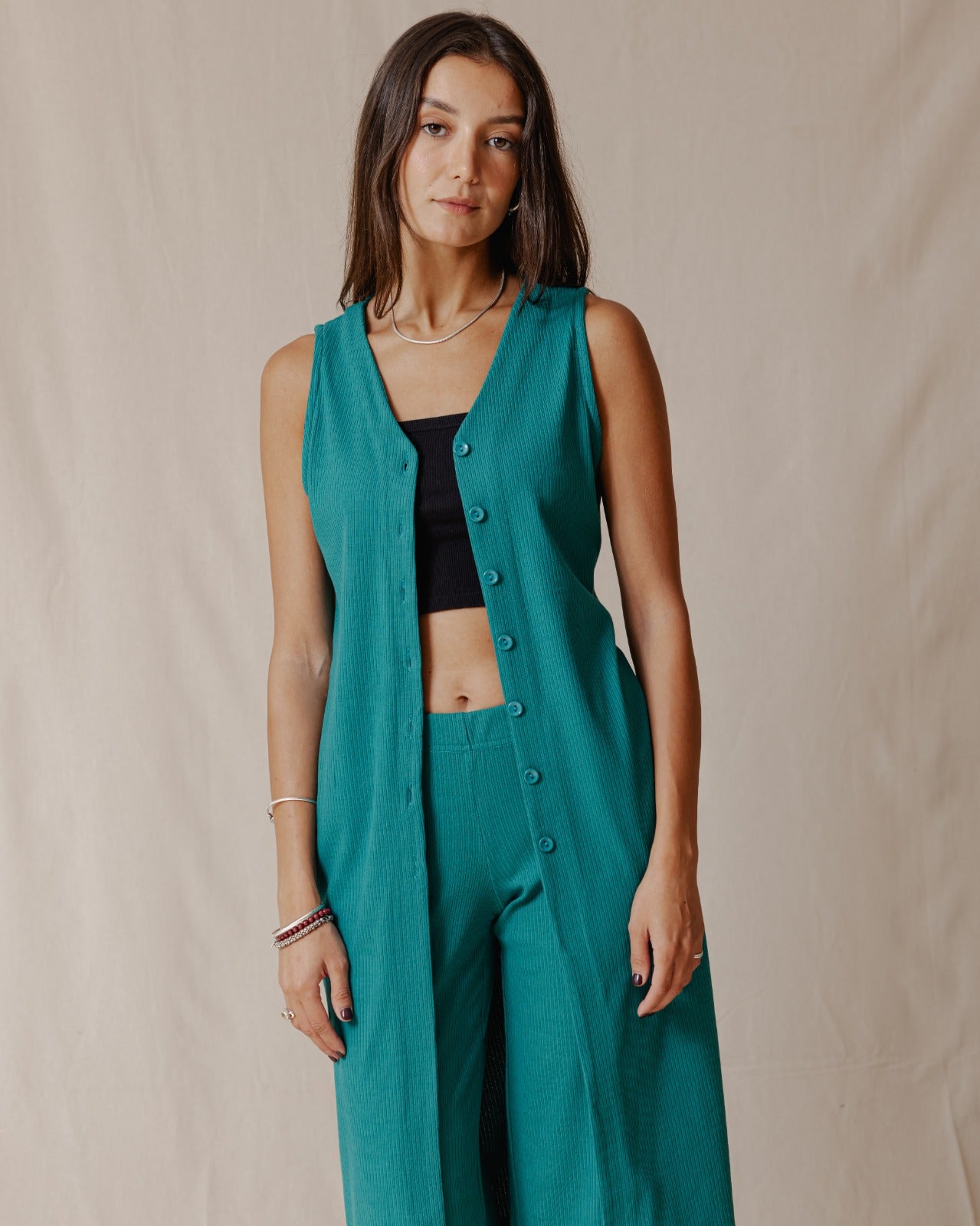 Buttoned Sleeveless Set Teal