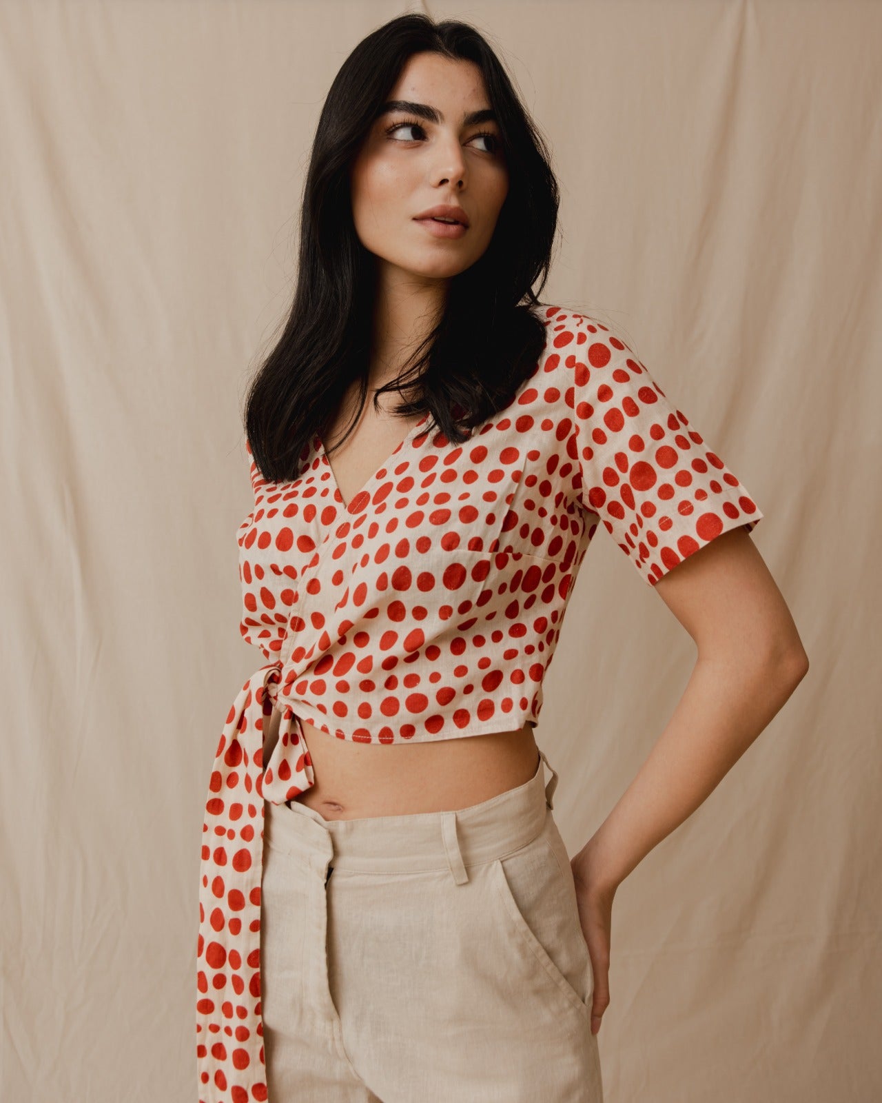 Cinnamon Polka Dot Linen Top