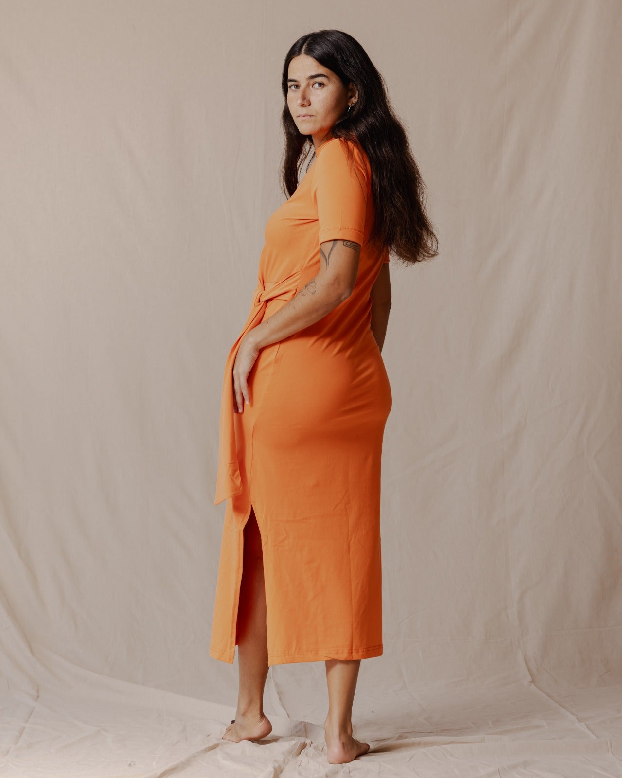 Side Tie Cotton Dress Orange