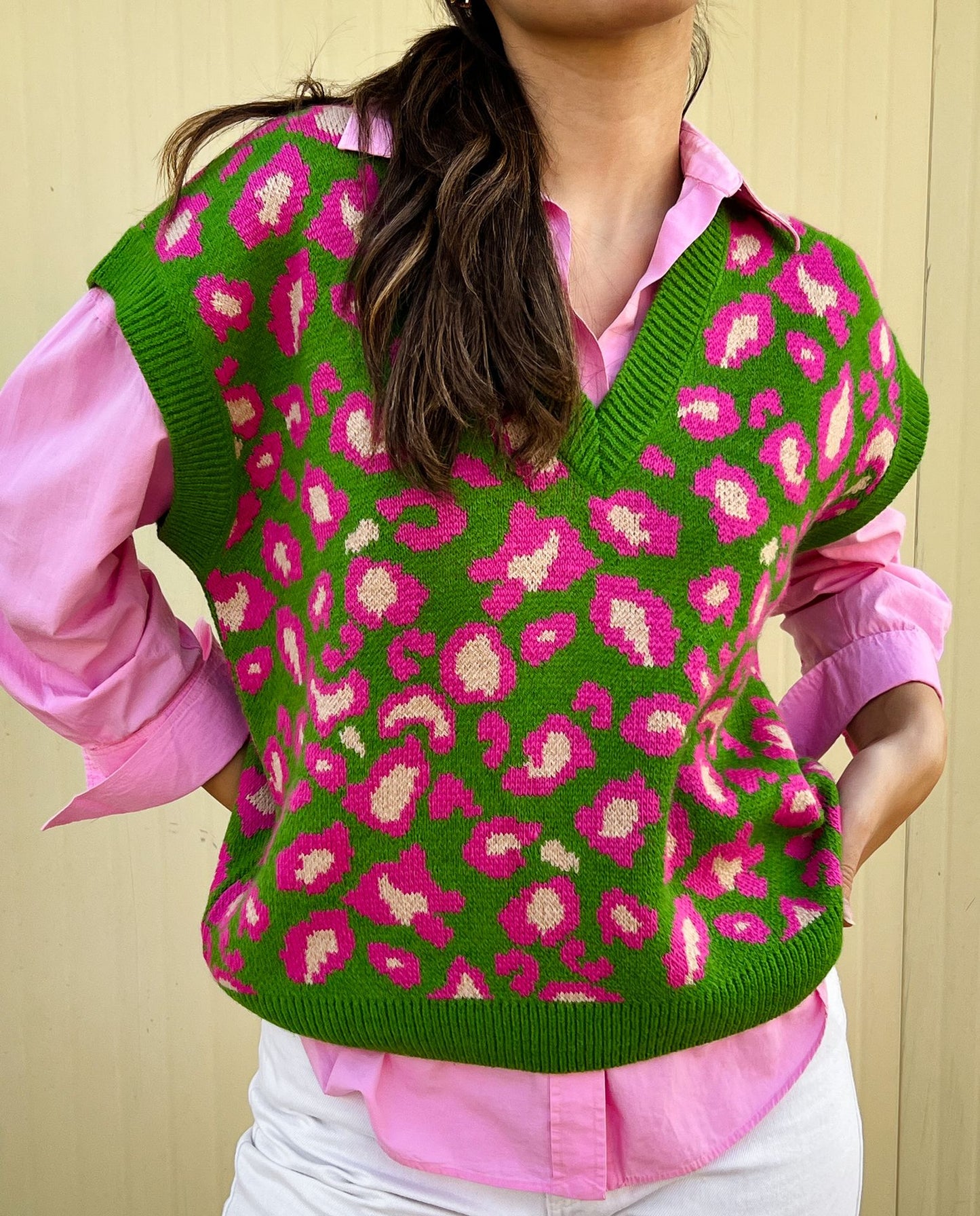 Cheetah Knitted Vest Green X Pink